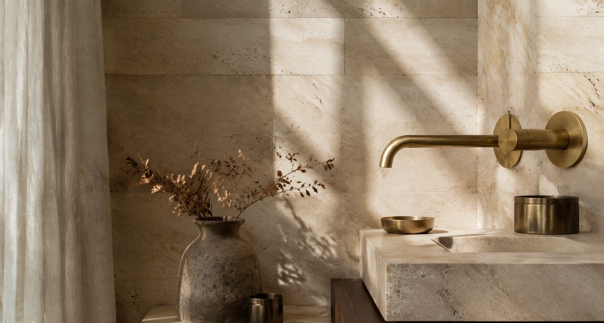 Sunlit travertine and brass interior