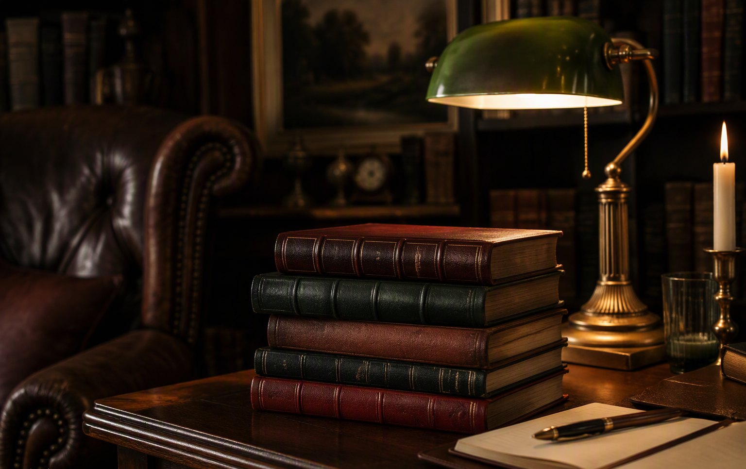 Leather-bound books in a private library